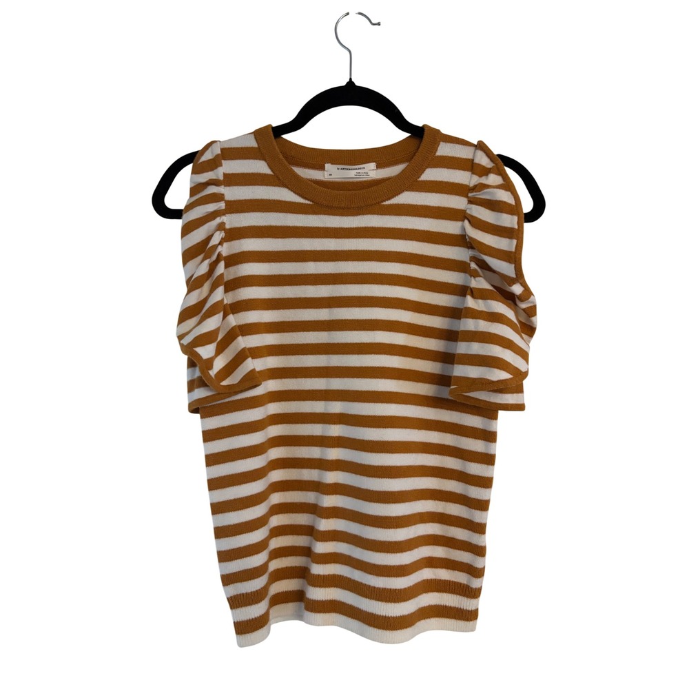 Anthropologie Striped Ruffle Sleeve Knit Top Ochre White XS Short Sleeve Sweater